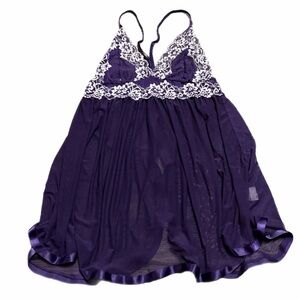 Y2K Vintage Sheer Floral Lace Babydoll Slip Teddy Open Back (Purple/White) L